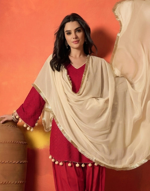 Stylum Women's Red Chikankari Rayon A-Line Kurti Farshi Salwar With Dupatta Set (KSDREDAJMAL)