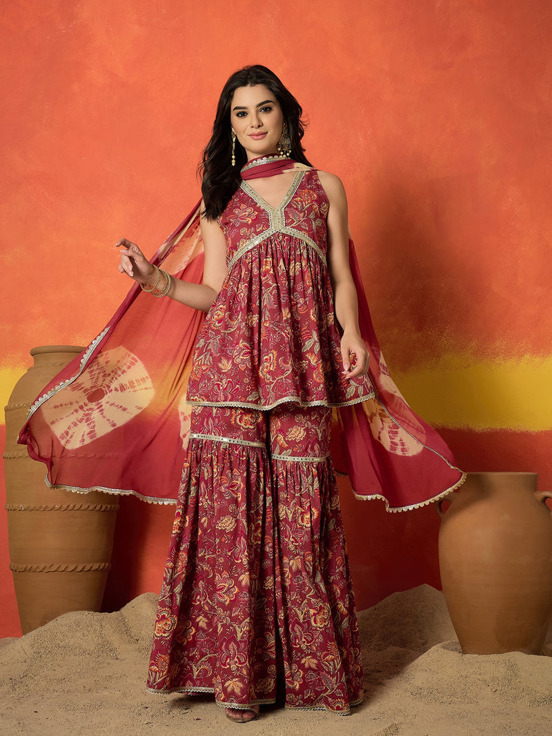 Stylum Women's Red Floral Printed Pure Cotton A-Line Short Kurti Sharara Dupatta Set (KSDREDAMBUSH)