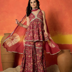 Stylum Women's Red Floral Printed Pure Cotton A-Line Short Kurti Sharara Dupatta Set (KSDREDAMBUSH)