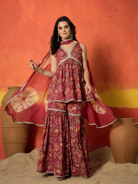 Stylum Women's Red Floral Printed Pure Cotton A-Line Short Kurti Sharara Dupatta Set (KSDREDAMBUSH)