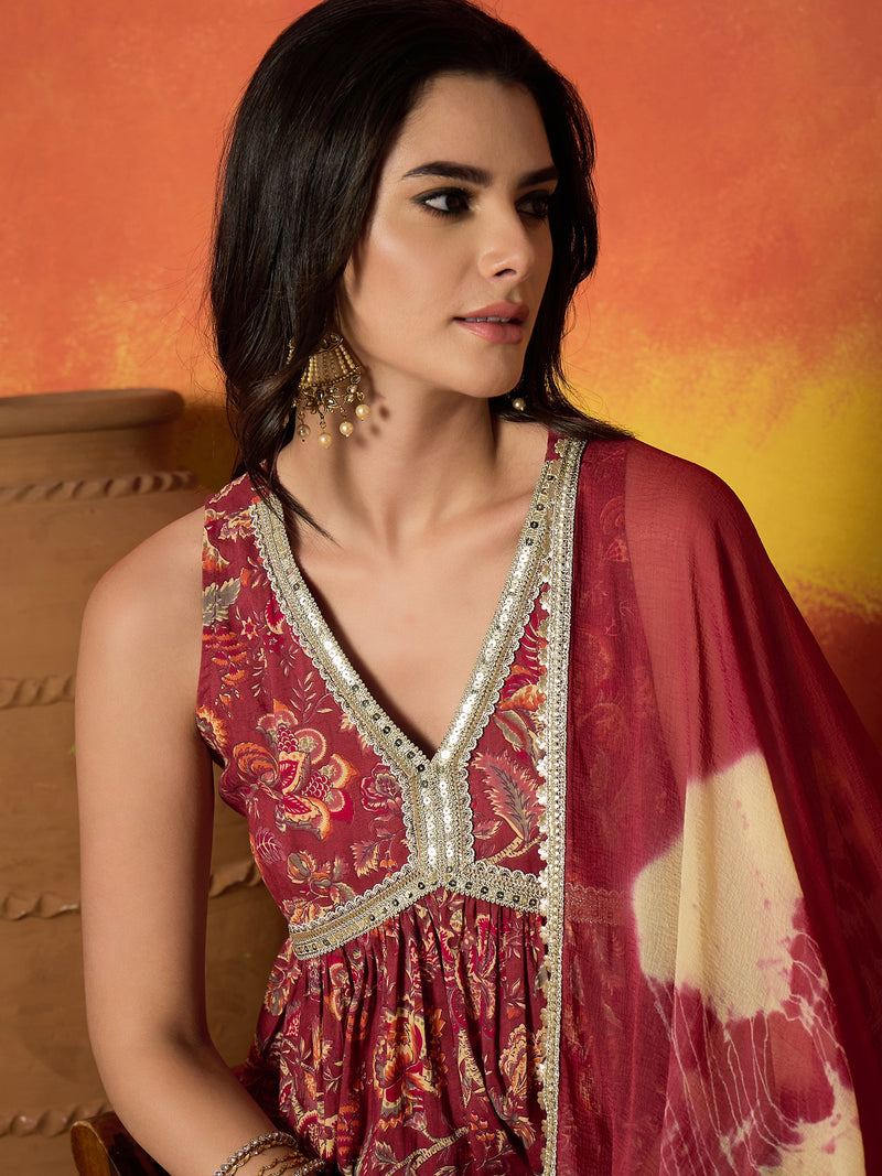 Stylum Women's Red Floral Printed Pure Cotton A-Line Short Kurti Sharara Dupatta Set (KSDREDAMBUSH)