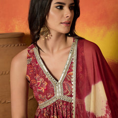 Stylum Women's Red Floral Printed Pure Cotton A-Line Short Kurti Sharara Dupatta Set (KSDREDAMBUSH)