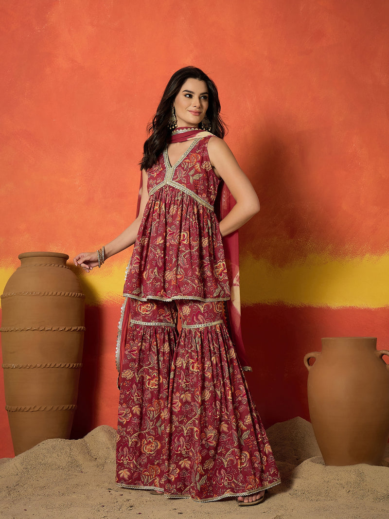 Stylum Women's Red Floral Printed Pure Cotton A-Line Short Kurti Sharara Dupatta Set (KSDREDAMBUSH)