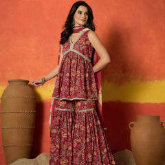Stylum Women's Red Floral Printed Pure Cotton A-Line Short Kurti Sharara Dupatta Set (KSDREDAMBUSH)