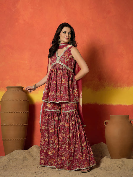 Stylum Women's Red Floral Printed Pure Cotton A-Line Short Kurti Sharara Dupatta Set (KSDREDAMBUSH)