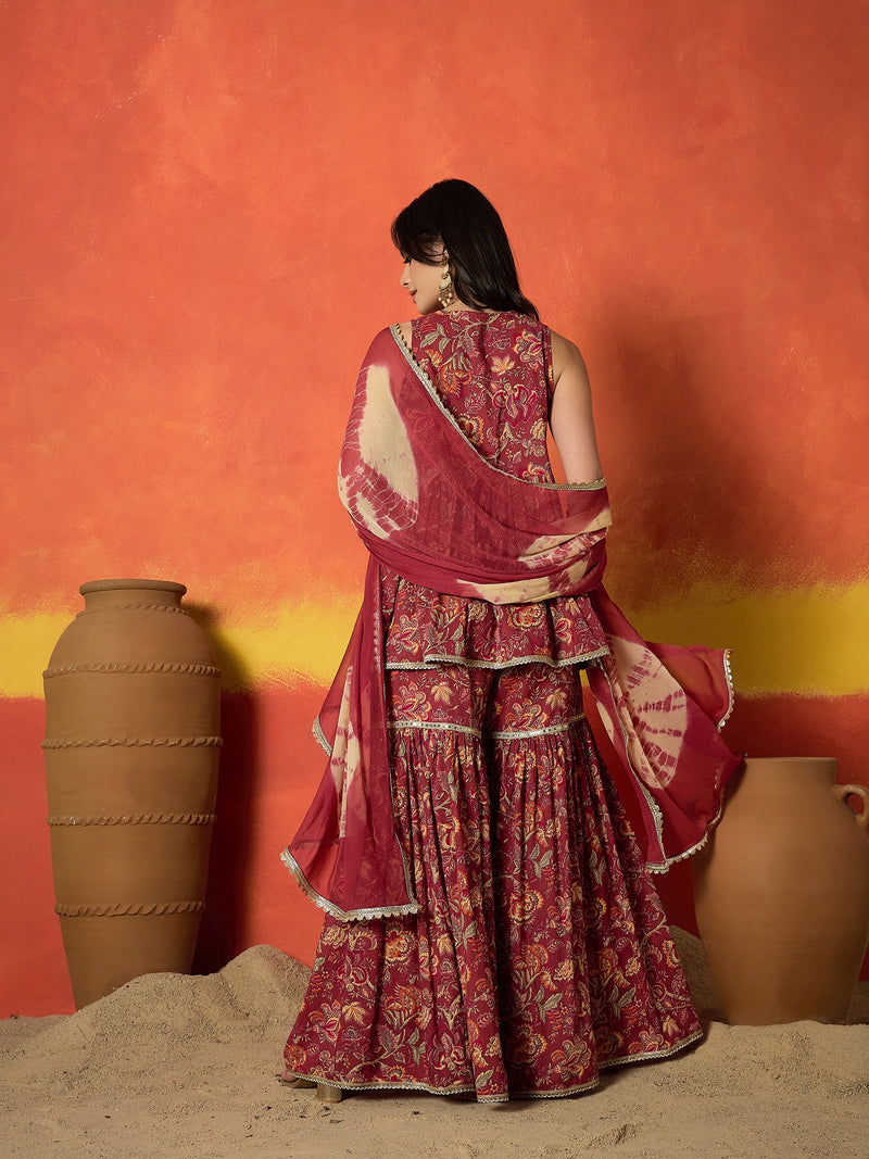 Stylum Women's Red Floral Printed Pure Cotton A-Line Short Kurti Sharara Dupatta Set (KSDREDAMBUSH)
