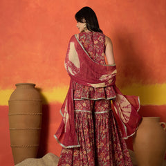 Stylum Women's Red Floral Printed Pure Cotton A-Line Short Kurti Sharara Dupatta Set (KSDREDAMBUSH)