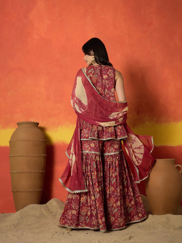 Stylum Women's Red Floral Printed Pure Cotton A-Line Short Kurti Sharara Dupatta Set (KSDREDAMBUSH)