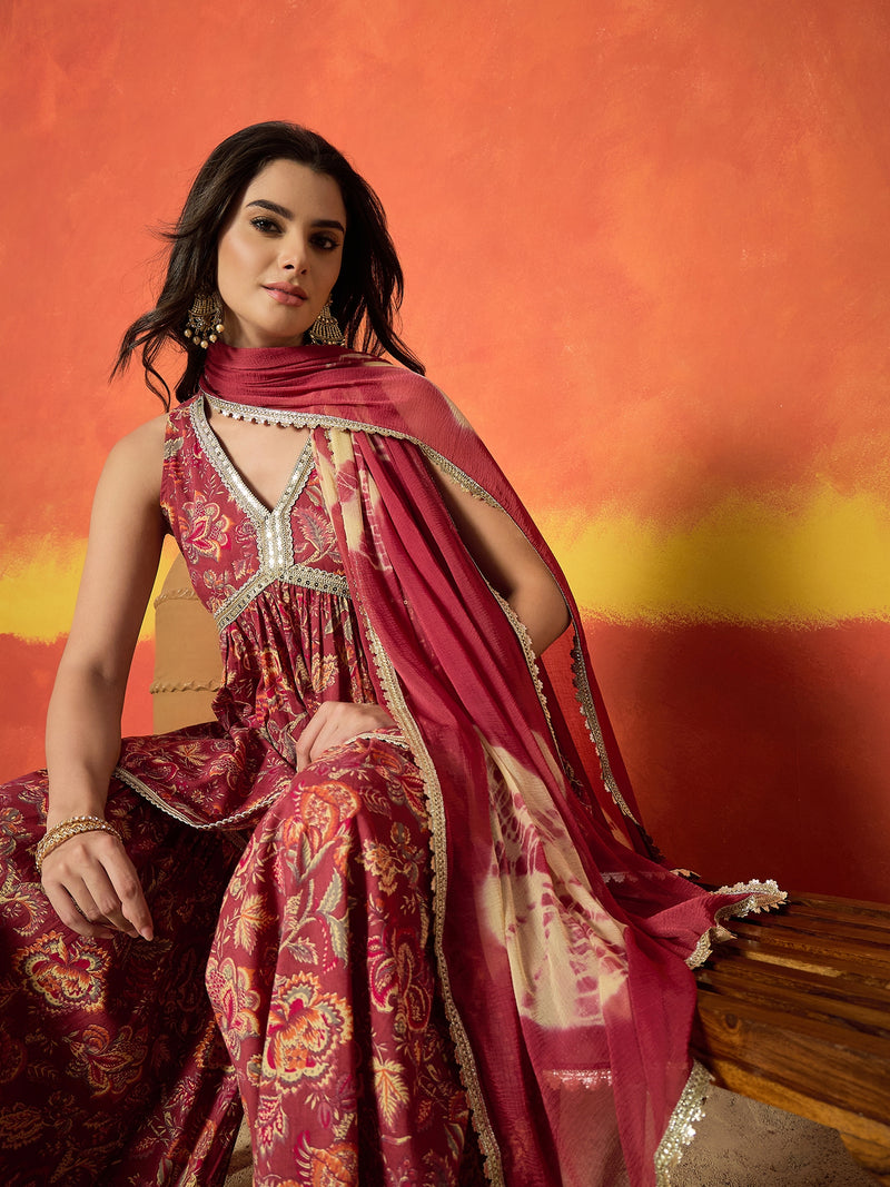 Stylum Women's Red Floral Printed Pure Cotton A-Line Short Kurti Sharara Dupatta Set (KSDREDAMBUSH)