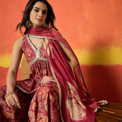 Stylum Women's Red Floral Printed Pure Cotton A-Line Short Kurti Sharara Dupatta Set (KSDREDAMBUSH)