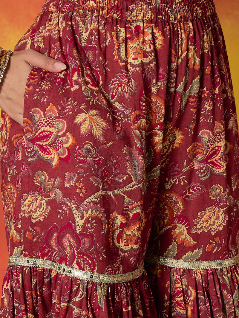 Stylum Women's Red Floral Printed Pure Cotton A-Line Short Kurti Sharara Dupatta Set (KSDREDAMBUSH)