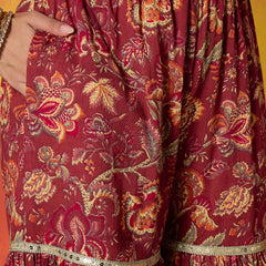 Stylum Women's Red Floral Printed Pure Cotton A-Line Short Kurti Sharara Dupatta Set (KSDREDAMBUSH)