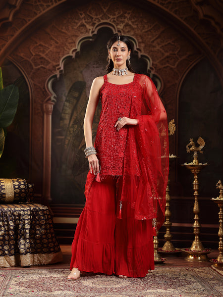 Stylum Women's Red Embroidered Net Straight Kurti Sharara Dupatta Set (KSDREDJHILMIL)