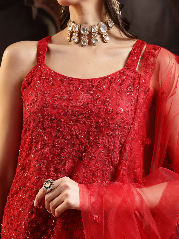 Stylum Women's Red Embroidered Net Straight Kurti Sharara Dupatta Set (KSDREDJHILMIL)