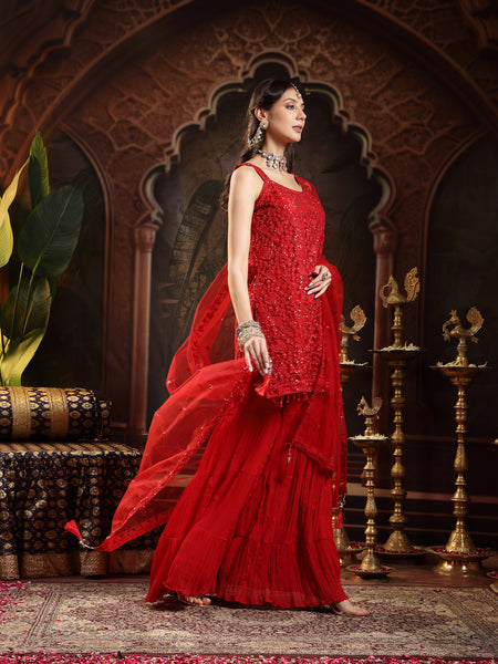 Stylum Women's Red Embroidered Net Straight Kurti Sharara Dupatta Set (KSDREDJHILMIL)