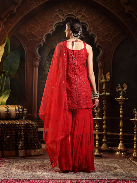 Stylum Women's Red Embroidered Net Straight Kurti Sharara Dupatta Set (KSDREDJHILMIL)