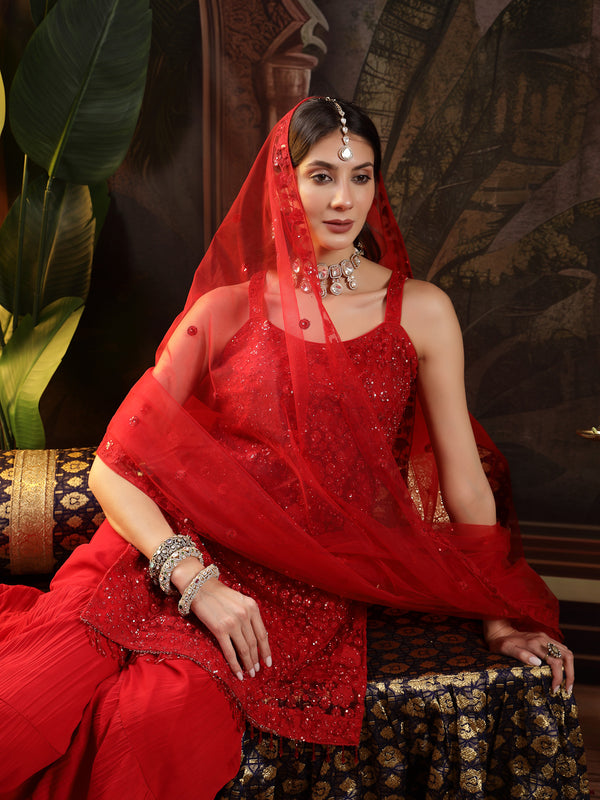 Stylum Women's Red Embroidered Net Straight Kurti Sharara Dupatta Set (KSDREDJHILMIL)