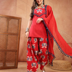 Stylum Women's Red Solid Cotton Straight Kurti Salwar Dupatta Set (KSDREDJUREL)