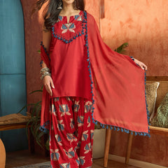 Stylum Women's Red Solid Cotton Straight Kurti Parshi Salwar Dupatta Set (KSDREDJUREL)