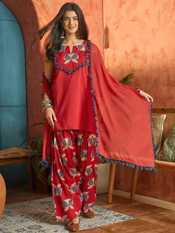Stylum Women's Red Solid Cotton Straight Kurti Salwar Dupatta Set (KSDREDJUREL)