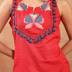 Stylum Women's Red Solid Cotton Straight Kurti Salwar Dupatta Set (KSDREDJUREL)