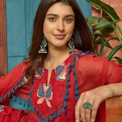Stylum Women's Red Solid Cotton Straight Kurti Parshi Salwar Dupatta Set (KSDREDJUREL)