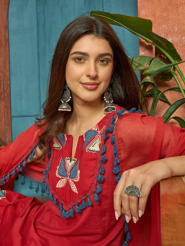 Stylum Women's Red Solid Cotton Straight Kurti Salwar Dupatta Set (KSDREDJUREL)