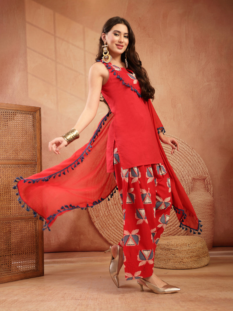 Stylum Women's Red Solid Cotton Straight Kurti Salwar Dupatta Set (KSDREDJUREL)