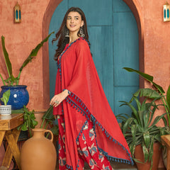 Stylum Women's Red Solid Cotton Straight Kurti Parshi Salwar Dupatta Set (KSDREDJUREL)