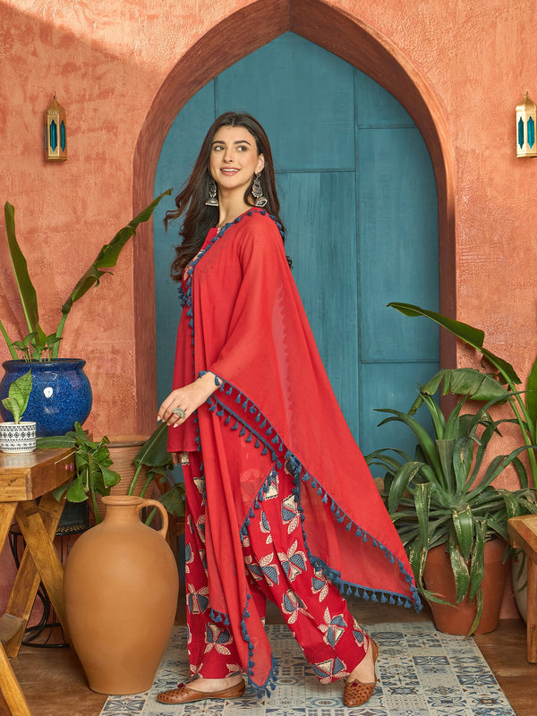 Stylum Women's Red Solid Cotton Straight Kurti Salwar Dupatta Set (KSDREDJUREL)