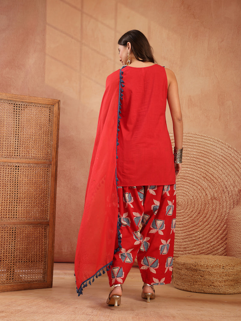 Stylum Women's Red Solid Cotton Straight Kurti Salwar Dupatta Set (KSDREDJUREL)