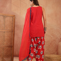 Stylum Women's Red Solid Cotton Straight Kurti Salwar Dupatta Set (KSDREDJUREL)