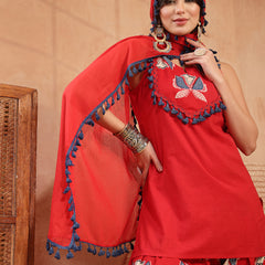 Stylum Women's Red Solid Cotton Straight Kurti Salwar Dupatta Set (KSDREDJUREL)