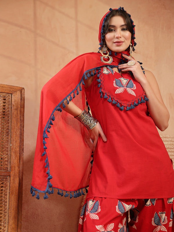 Stylum Women's Red Solid Cotton Straight Kurti Salwar Dupatta Set (KSDREDJUREL)