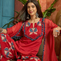 Stylum Women's Red Solid Cotton Straight Kurti Parshi Salwar Dupatta Set (KSDREDJUREL)