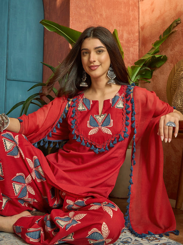 Stylum Women's Red Solid Cotton Straight Kurti Salwar Dupatta Set (KSDREDJUREL)