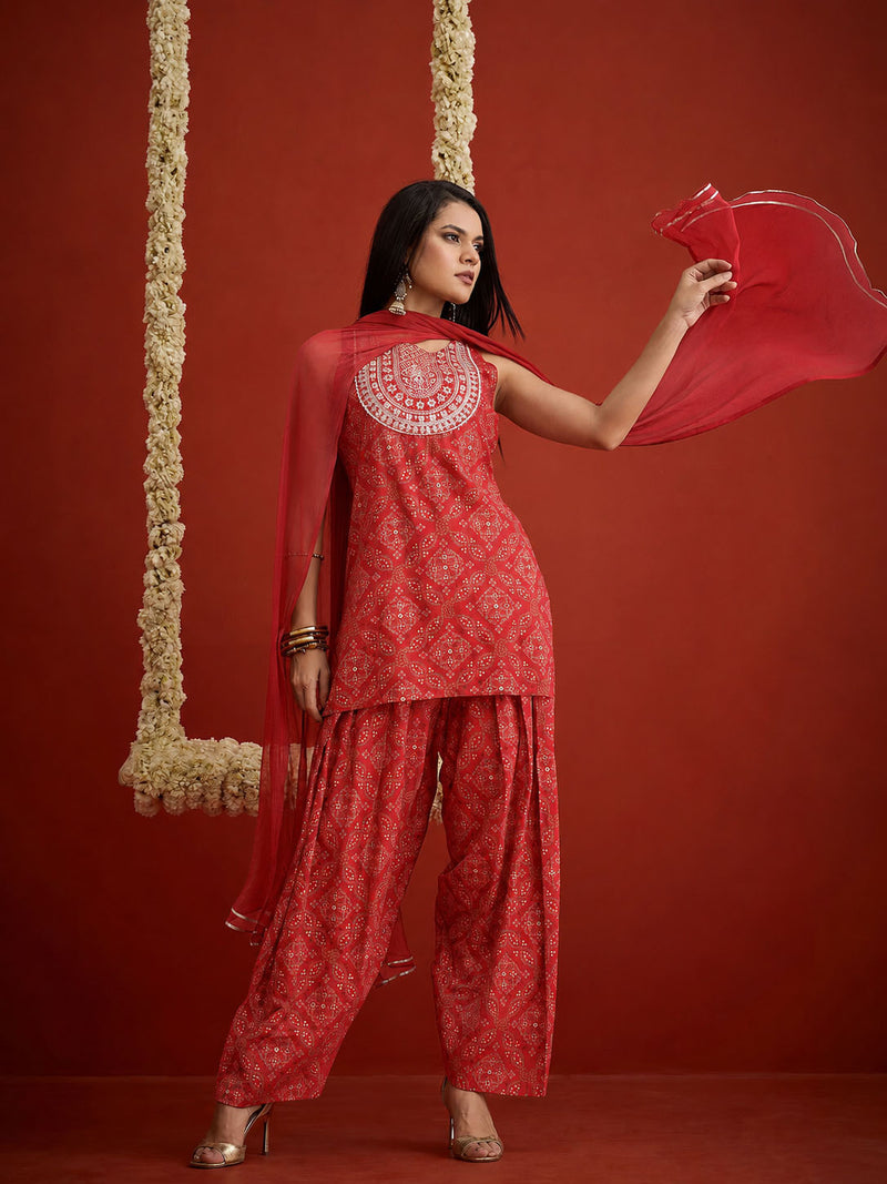 Stylum Women's Red Bandhej Printed & Embroidered Rayon Straight Short Kurti Farshi Salwar Dupatta Set (KSDREDNYCIL)