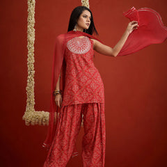 Stylum Women's Red Bandhej Printed & Embroidered Rayon Straight Short Kurti Farshi Salwar Dupatta Set (KSDREDNYCIL)