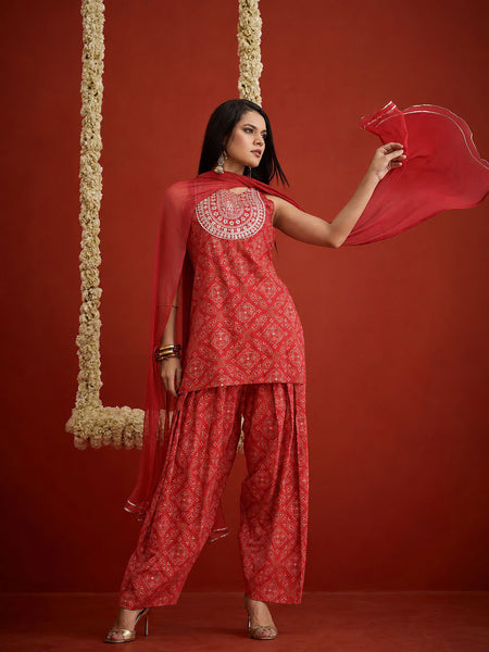 Stylum Women's Red Bandhej Printed & Embroidered Rayon Straight Short Kurti Farshi Salwar Dupatta Set (KSDREDNYCIL)