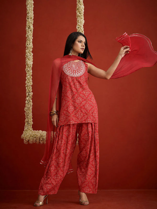 Stylum Women's Red Bandhej Printed & Embroidered Rayon Straight Short Kurti Farshi Salwar Dupatta Set (KSDREDNYCIL)
