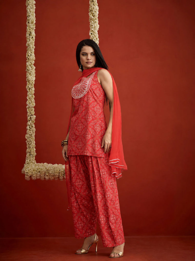 Stylum Women's Red Bandhej Printed & Embroidered Rayon Straight Short Kurti Farshi Salwar Dupatta Set (KSDREDNYCIL)
