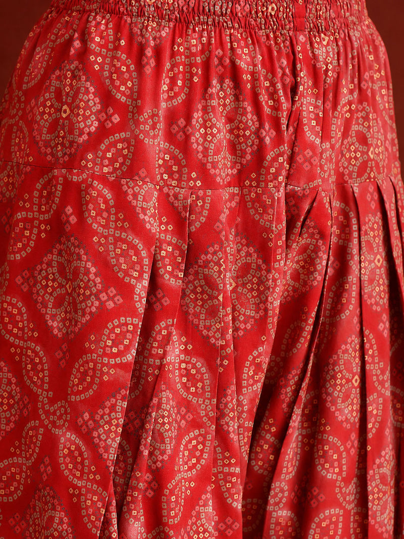 Stylum Women's Red Bandhej Printed & Embroidered Rayon Straight Short Kurti Farshi Salwar Dupatta Set (KSDREDNYCIL)