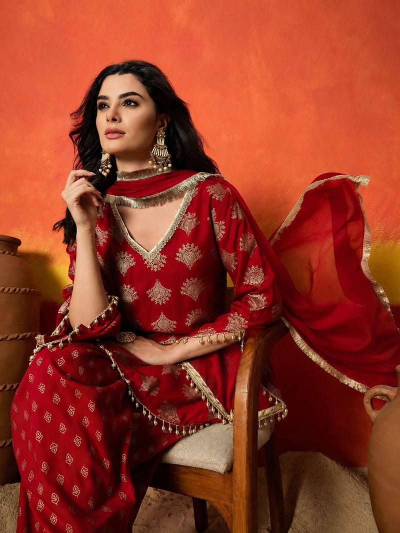 Stylum Women's Red Gold Printed Rayon A-Line Kurti Farshi Salwar With Dupatta (KSDREDWEDANI)