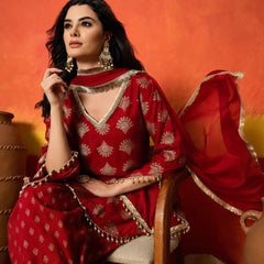 Stylum Women's Red Gold Printed Rayon A-Line Kurti Farshi Salwar With Dupatta (KSDREDWEDANI)