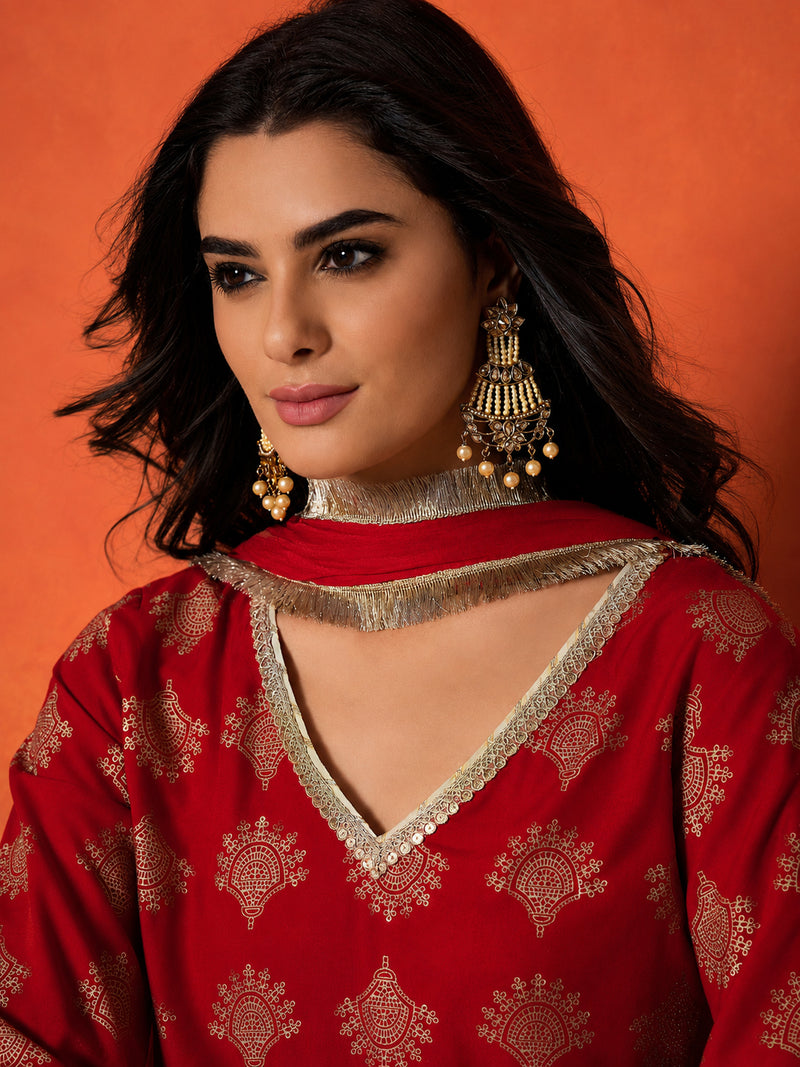 Stylum Women's Red Gold Printed Rayon A-Line Kurti Farshi Salwar With Dupatta (KSDREDWEDANI)