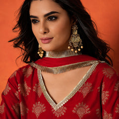 Stylum Women's Red Gold Printed Rayon A-Line Kurti Farshi Salwar With Dupatta (KSDREDWEDANI)