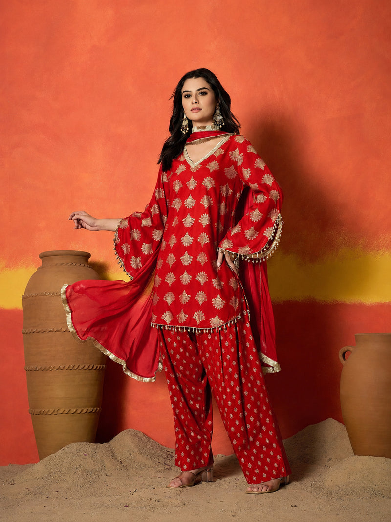 Stylum Women's Red Gold Printed Rayon A-Line Kurti Farshi Salwar With Dupatta (KSDREDWEDANI)