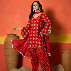 Stylum Women's Red Gold Printed Rayon A-Line Kurti Farshi Salwar With Dupatta (KSDREDWEDANI)