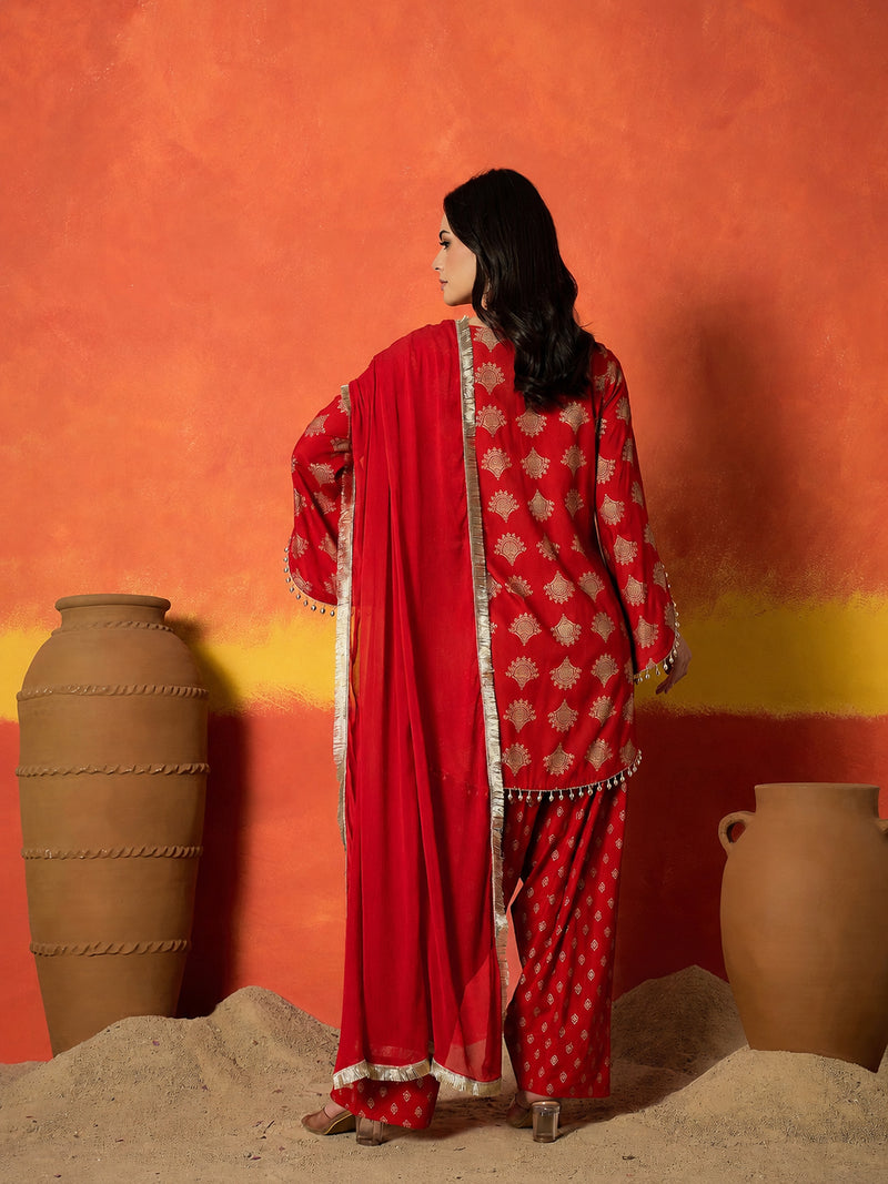 Stylum Women's Red Gold Printed Rayon A-Line Kurti Farshi Salwar With Dupatta (KSDREDWEDANI)
