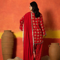 Stylum Women's Red Gold Printed Rayon A-Line Kurti Farshi Salwar With Dupatta (KSDREDWEDANI)